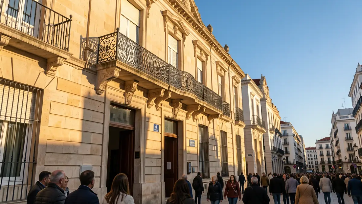 Fachada de un ayuntamiento de la Comunidad de Madrid con balcón y barandillas de hierro, luz cálida de la tarde.