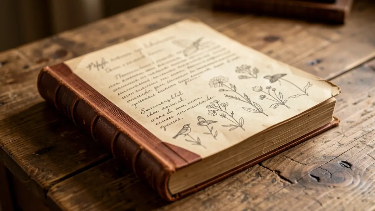 Close-up of an old leather-bound book with handwritten notes and sketches of local flora and fauna on a rustic wooden table.