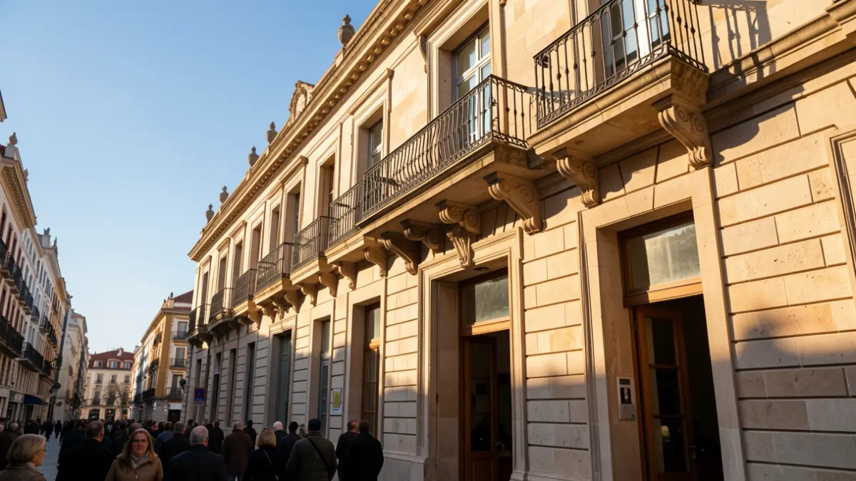 Facade of a town hall in the Community of Madrid with a balcony and iron railings, warm afternoon light.