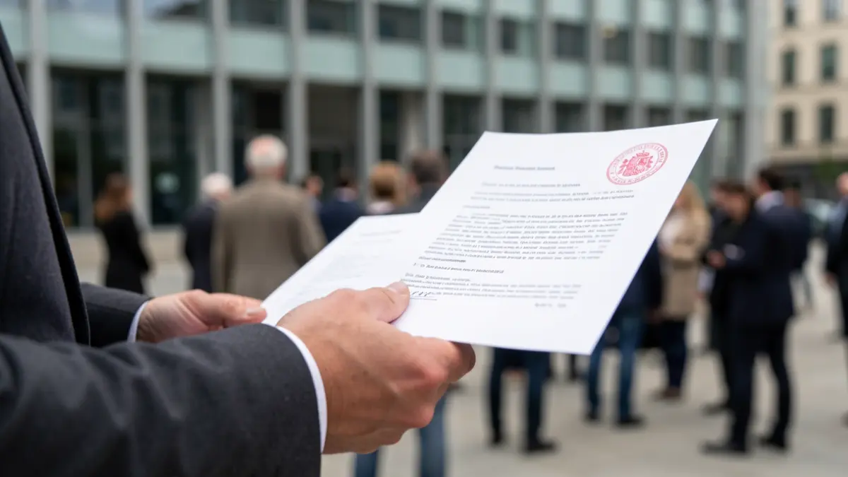 Hand of an official holding an official document with a stamp.