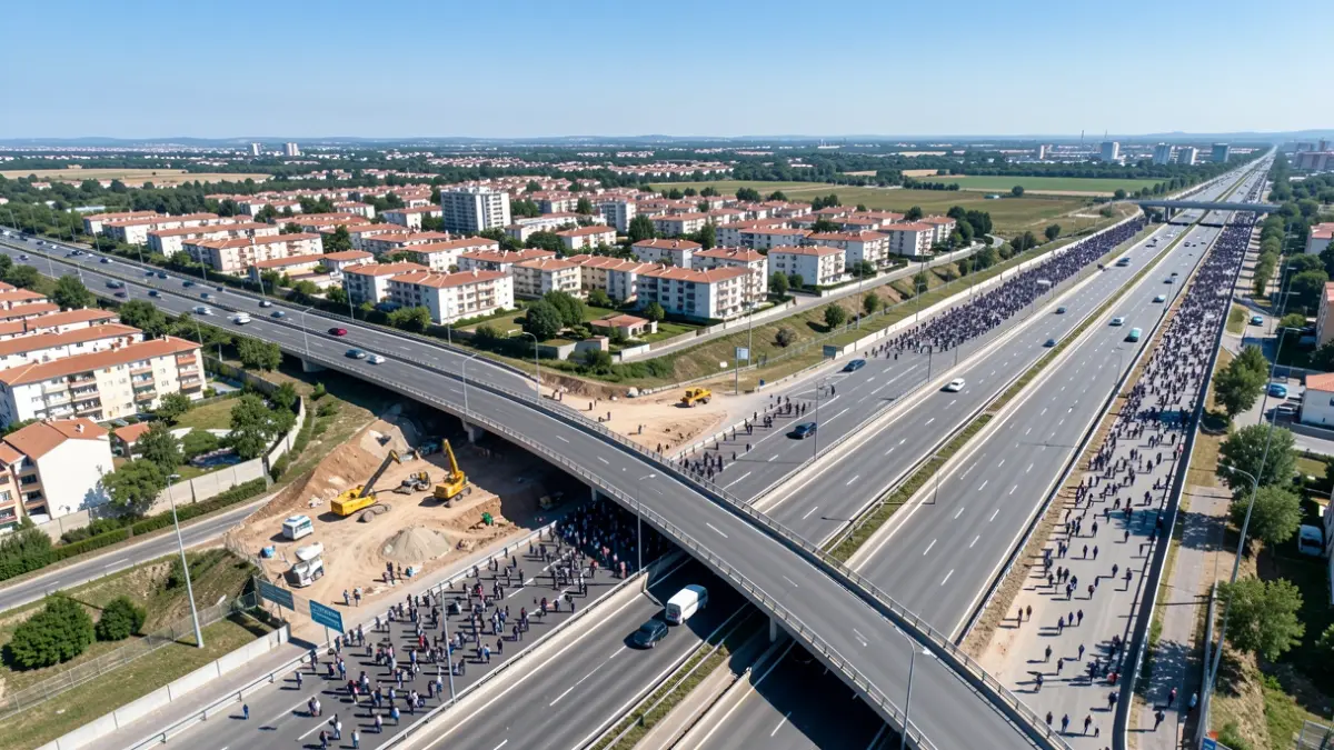 Vista aérea de un nudo de autopista conectando un barrio residencial con una vía principal en Móstoles.