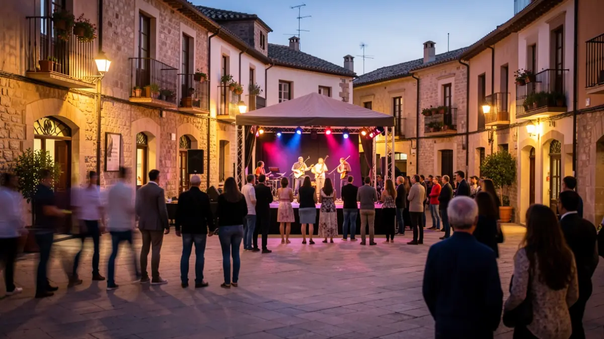 Imagen genérica de una plaza española al atardecer con un escenario preparado para un espectáculo.