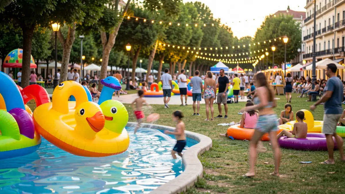 Generic image of a summer festival in a park with water activities and lights.