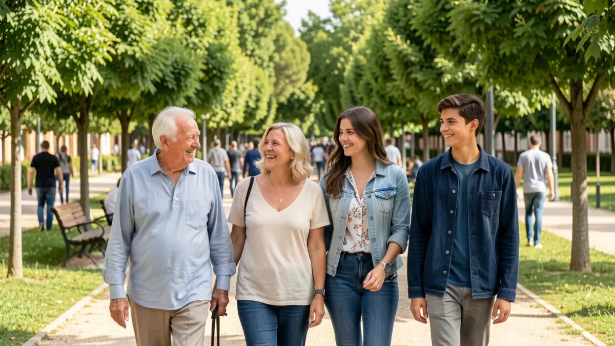 Imagen genérica de personas mayores y jóvenes participando en una marcha intergeneracional en un parque.