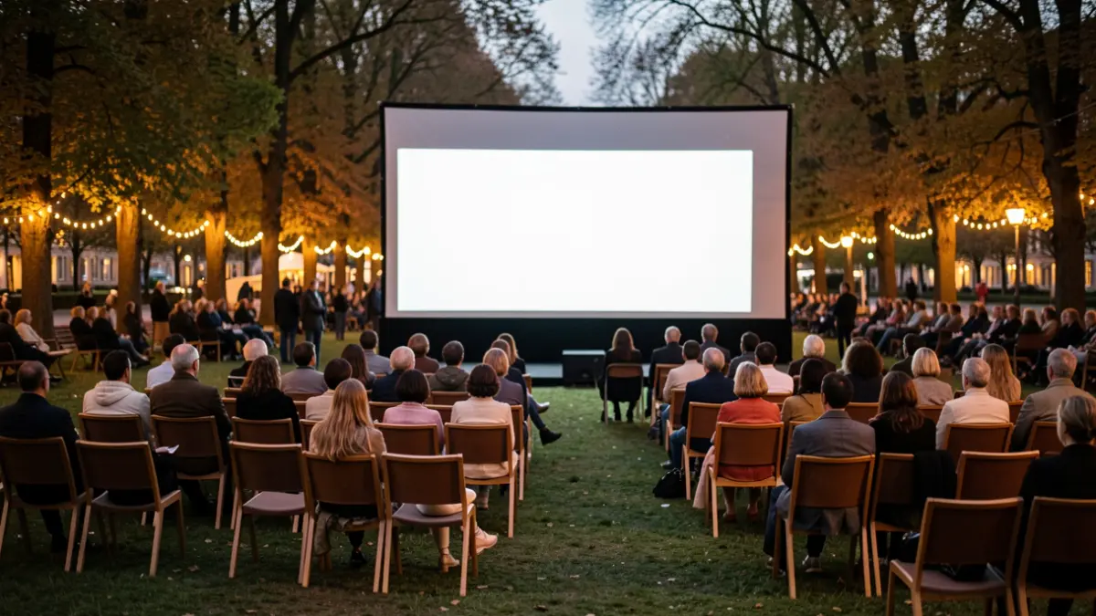 Imagen genérica de una pantalla de cine al aire libre en un parque al atardecer.