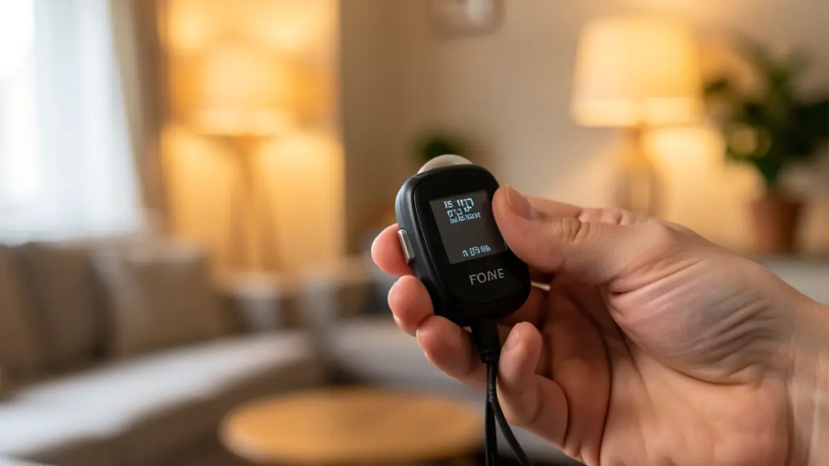 Close-up of a personal autonomy aid device, such as a GPS locator or a hearing aid, inside a home.