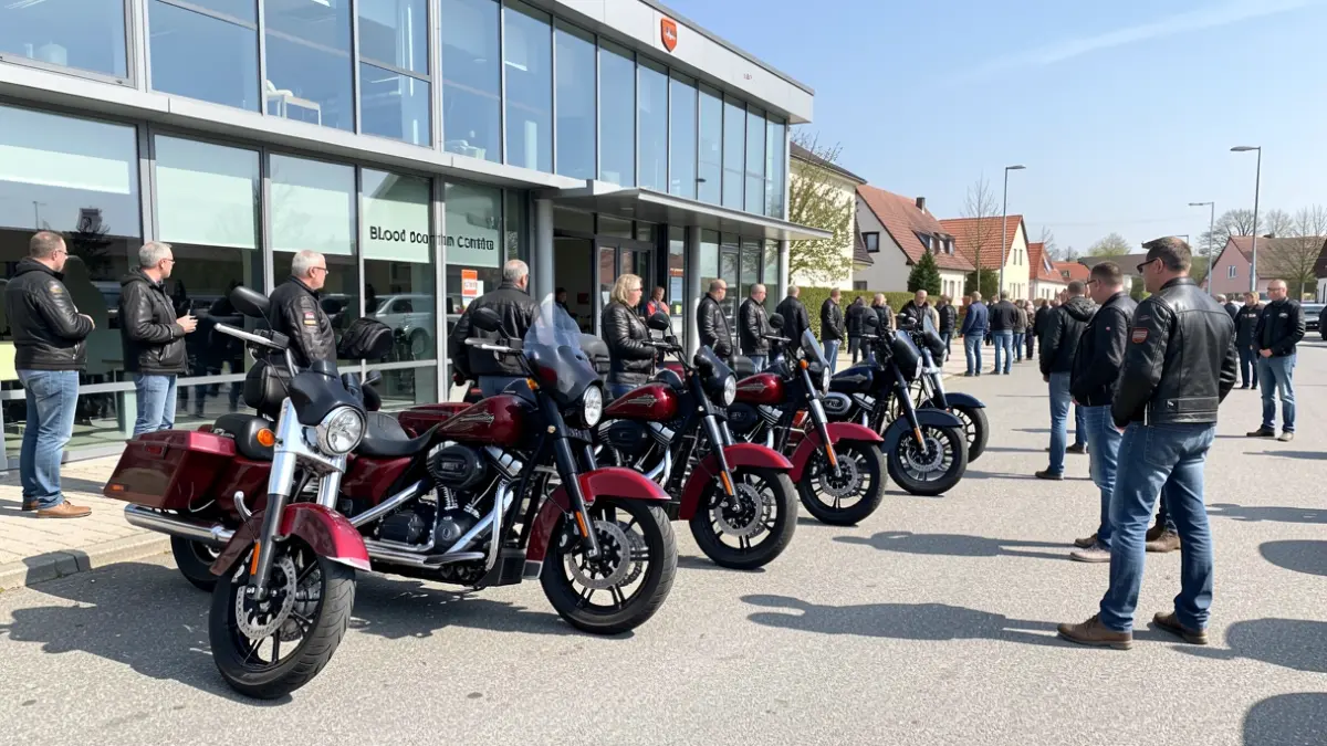Motocicletas Harley-Davidson aparcadas frente a un centro de donación de sangre.