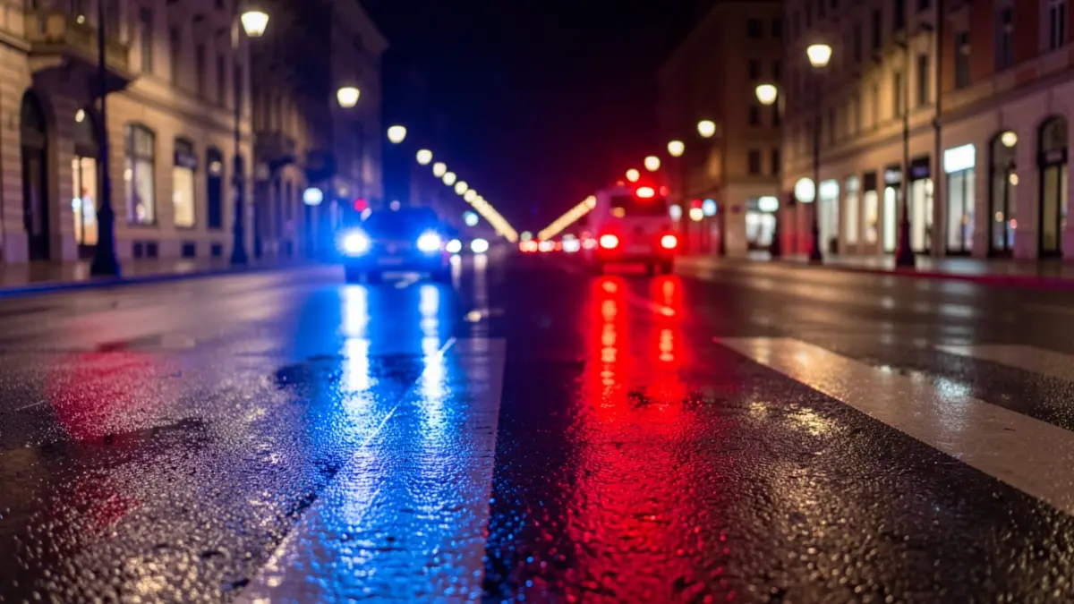 Imagen genérica de luces de emergencia policiales reflejándose en el asfalto mojado por la noche.