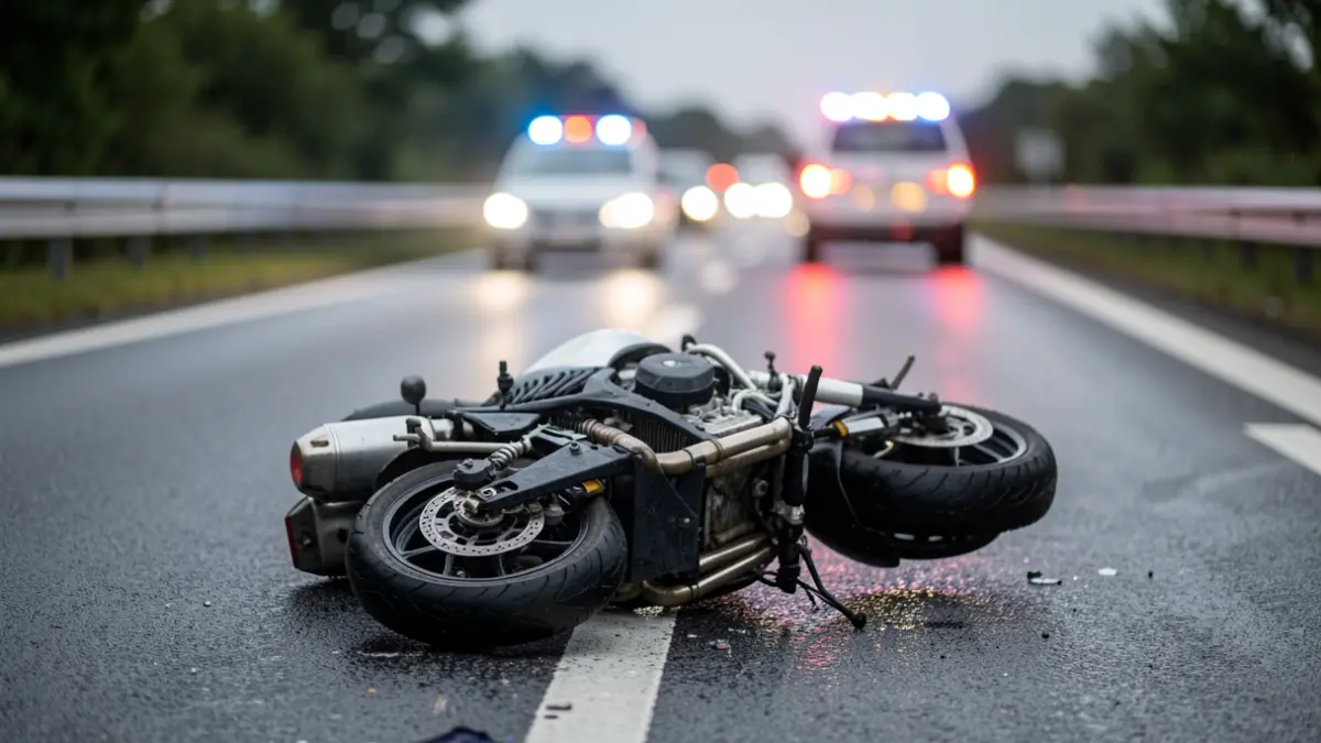 Generic image of a motorcycle accident on a highway with emergency lights.