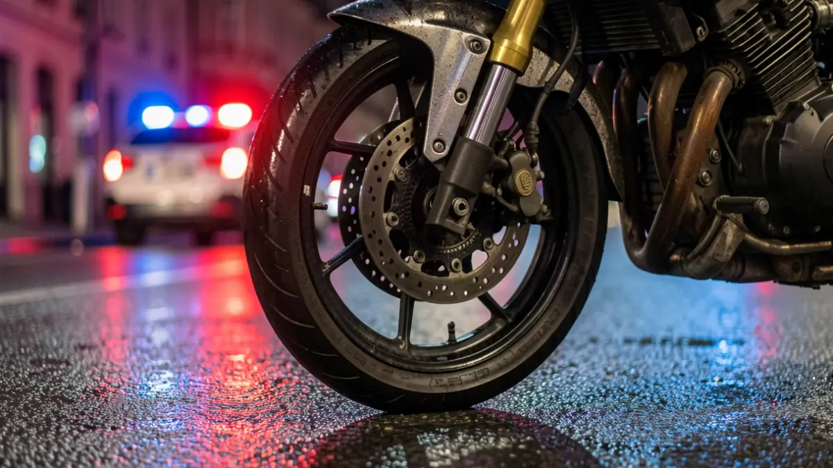 Imagen genérica de luces de emergencia policiales reflejándose en el asfalto mojado por la noche.