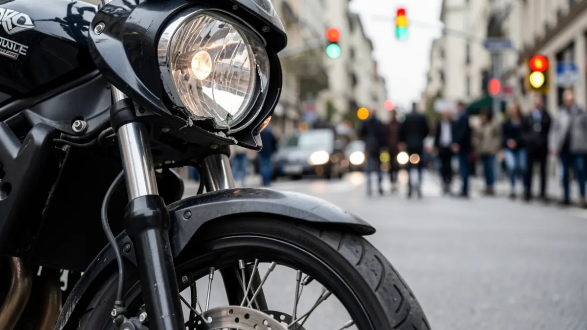 Close-up of a motorcycle's wheel after an accident on an urban street in Madrid.