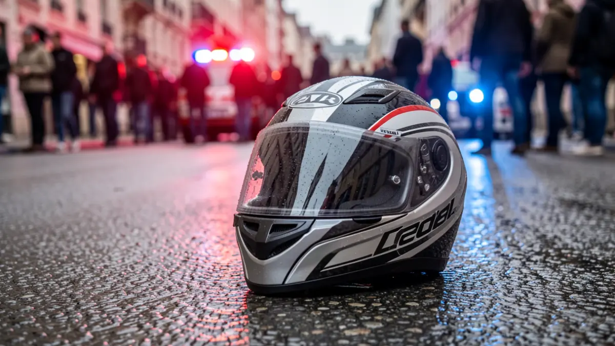 Close-up of a motorcycle helmet on wet asphalt with emergency lights.