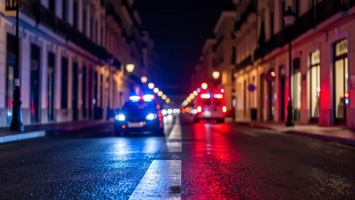 Generic image of police emergency lights reflecting on wet asphalt at night.