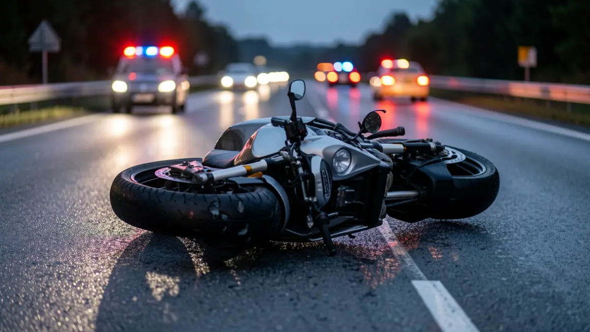 Generic image of a motorcycle accident on a highway with emergency lights.