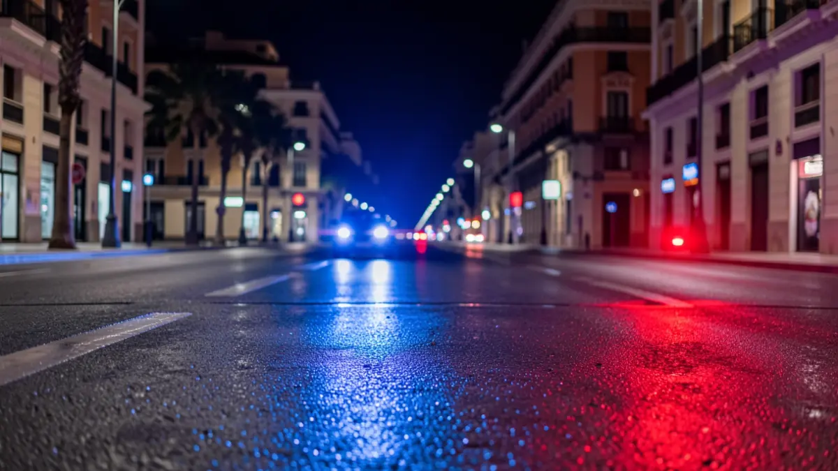 Generic image of police emergency lights reflecting on wet asphalt at night on an urban avenue.