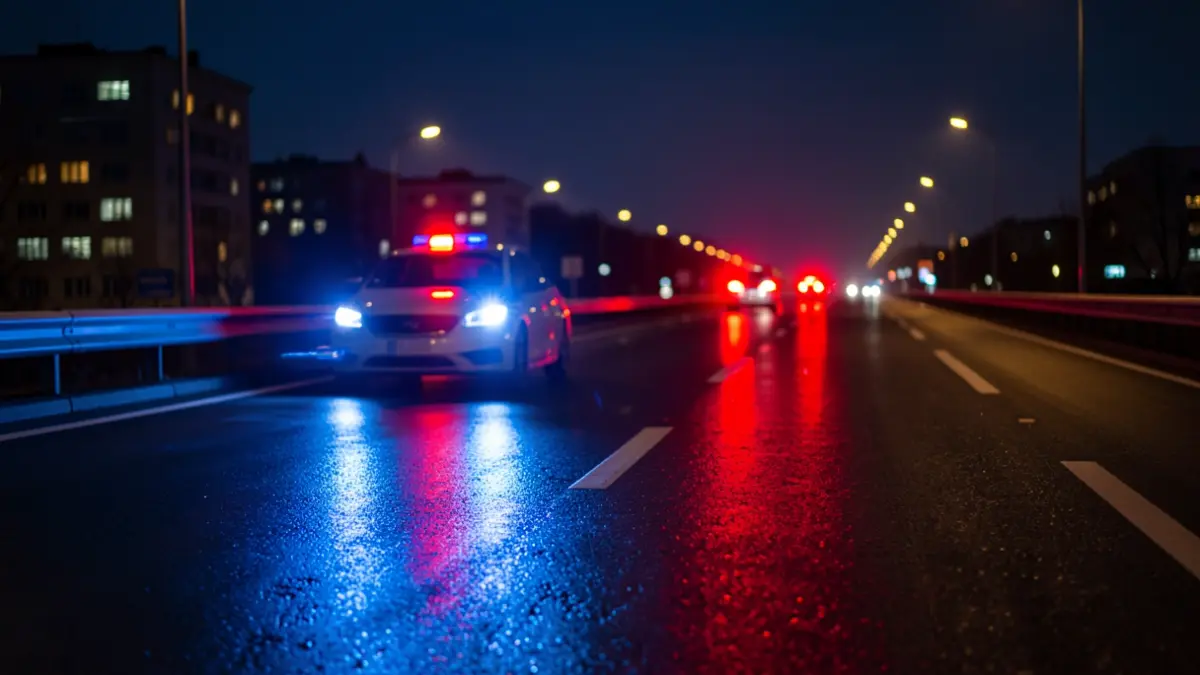 Generic image of police emergency lights reflecting on wet asphalt at night.