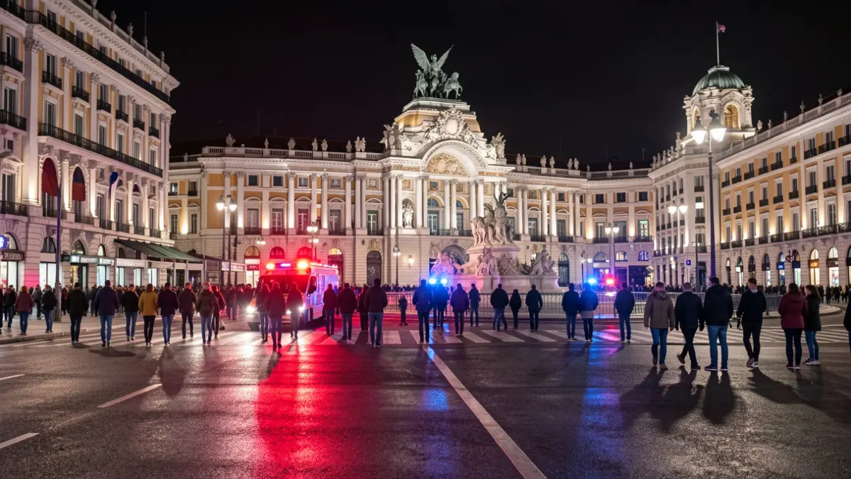 Generic image of Plaza de Cibeles in Madrid with emergency lights reflected on wet asphalt.