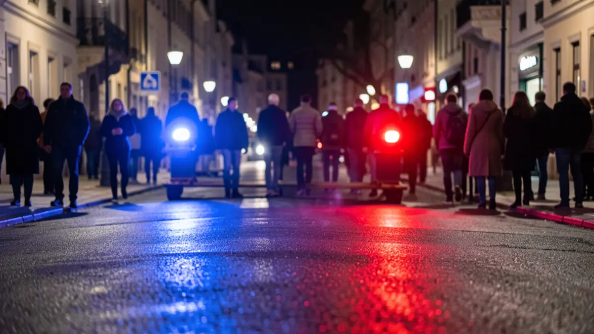 Imagen genérica de luces de emergencia policiales reflejando en asfalto mojado por la noche.