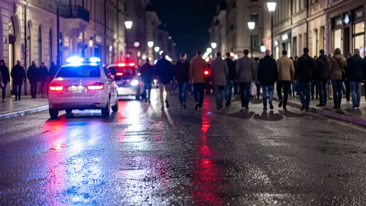 Generic image of police emergency lights reflecting on wet asphalt at night.