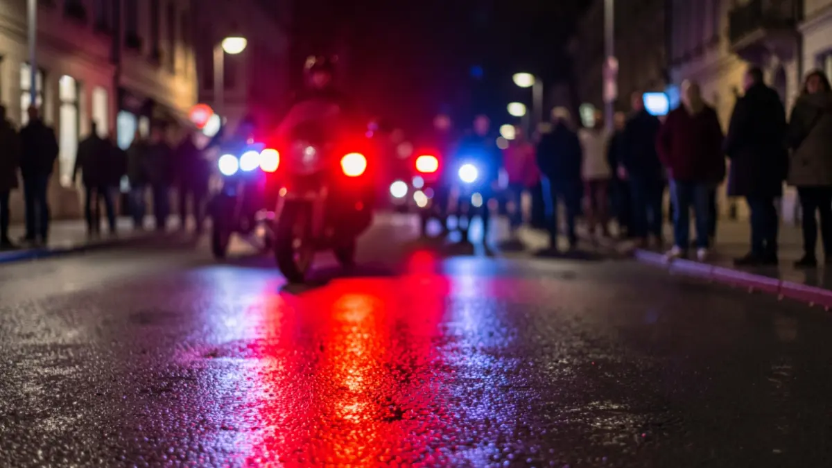 Imagen genérica de luces de emergencia reflejándose en asfalto mojado por la noche.