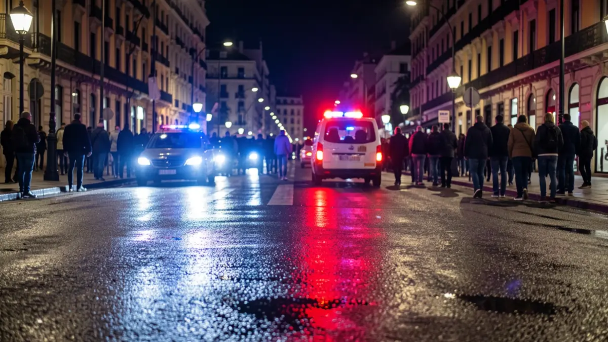 Generic image of emergency lights reflecting on wet asphalt at night in Madrid.