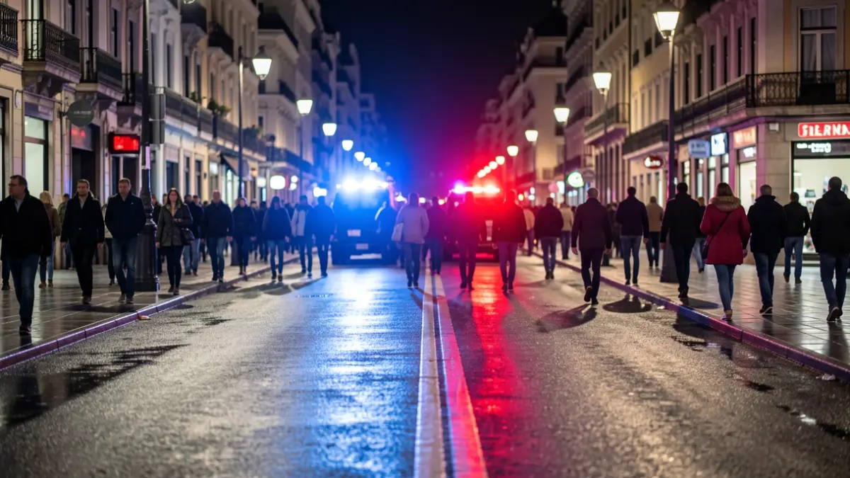 Generic image of emergency lights reflecting on wet asphalt of a Madrid street at night.