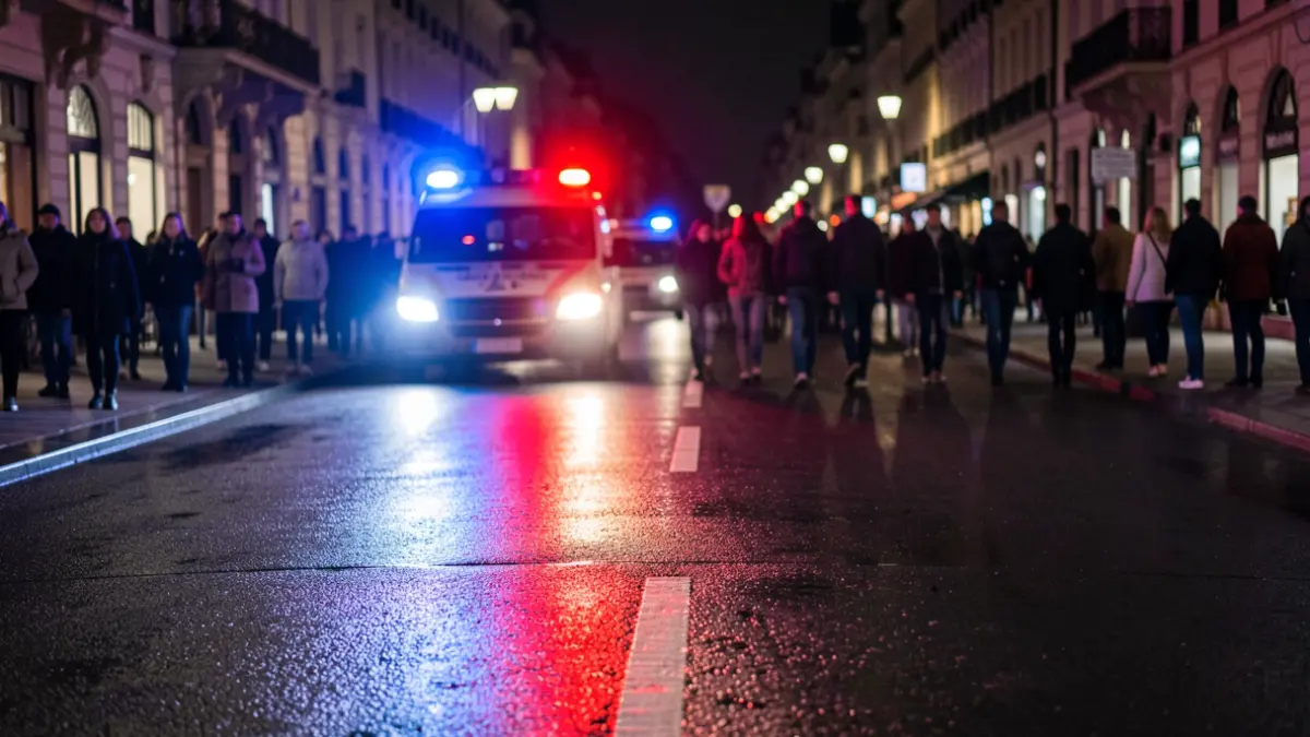 Imagen genérica de luces de emergencia policiales reflejándose en el asfalto mojado por la noche.