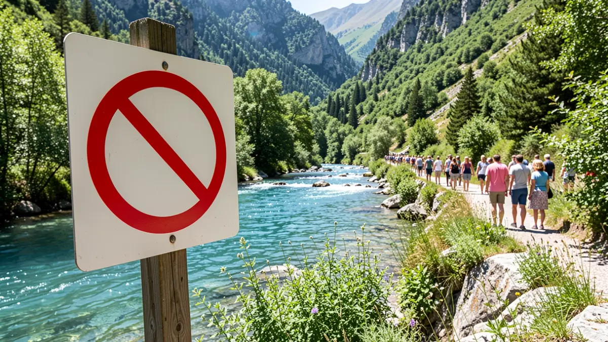 Sign indicating 'No Swimming' in a river in the Sierra de Guadarrama.