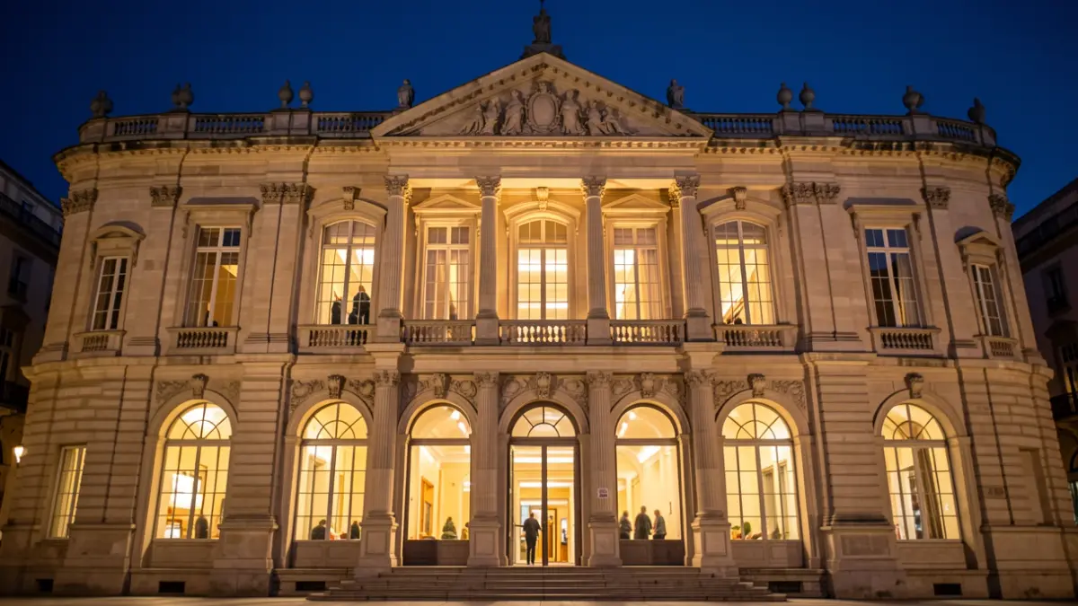 Fachada de un museo histórico en Madrid iluminado por la noche.