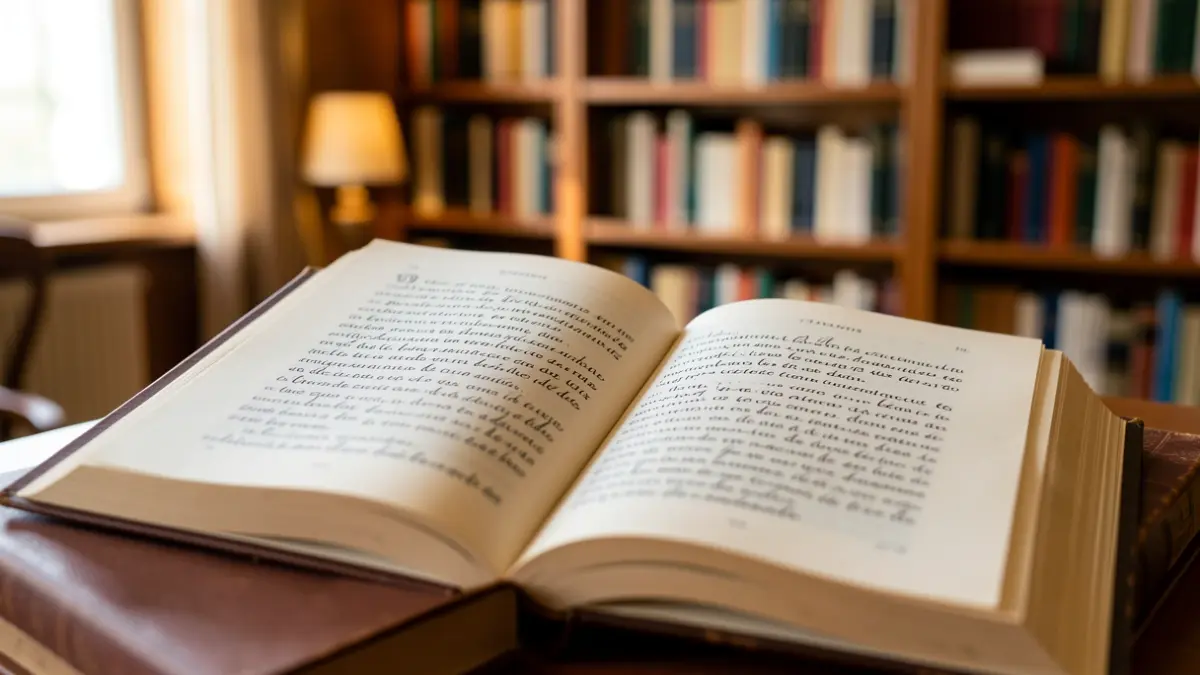 Generic image of an open book with Spanish calligraphy in a library.