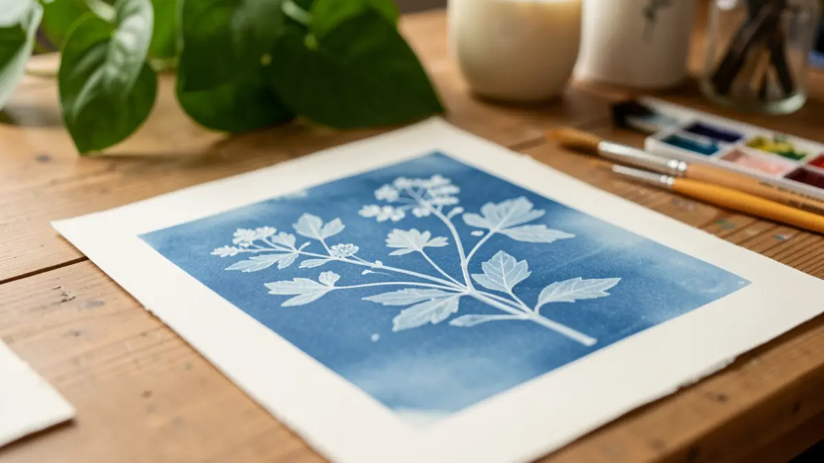 Close-up of a botanical cyanotype with plant details and a characteristic blue tone.