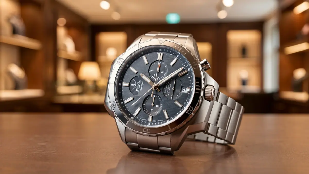 Primer plano de un reloj deportivo suizo de alta gama con detalles técnicos y pulsera metálica, sobre un fondo difuminado de boutique de lujo.