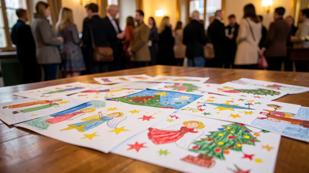 Children's drawings with Christmas themes.