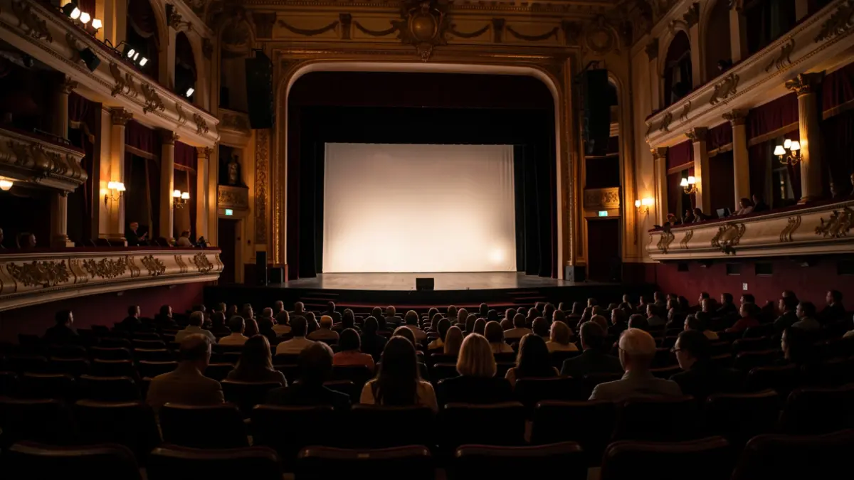 Imagen genérica de un teatro por la noche, con el escenario iluminado y asientos vacíos.
