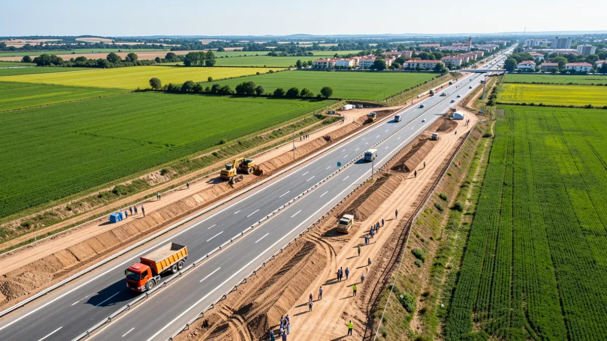 Vista aérea de una autopista en construcción en la Comunidad de Madrid.