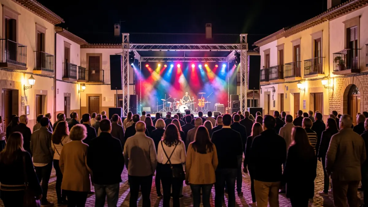Night scene of an outdoor stage in a San Sebastián de los Reyes square during the festivities.