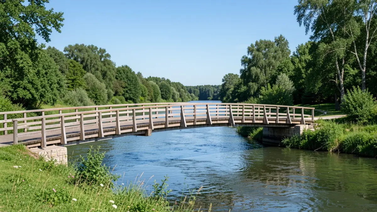 Imagen genérica de una pasarela ciclopeatonal moderna sobre un río rodeada de naturaleza.