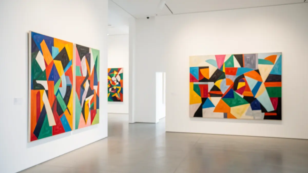 Interior of a contemporary art gallery in Madrid with abstract paintings.