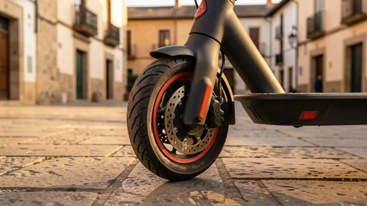 Wheel of an electric scooter parked on a sidewalk in a Spanish town square at dusk.