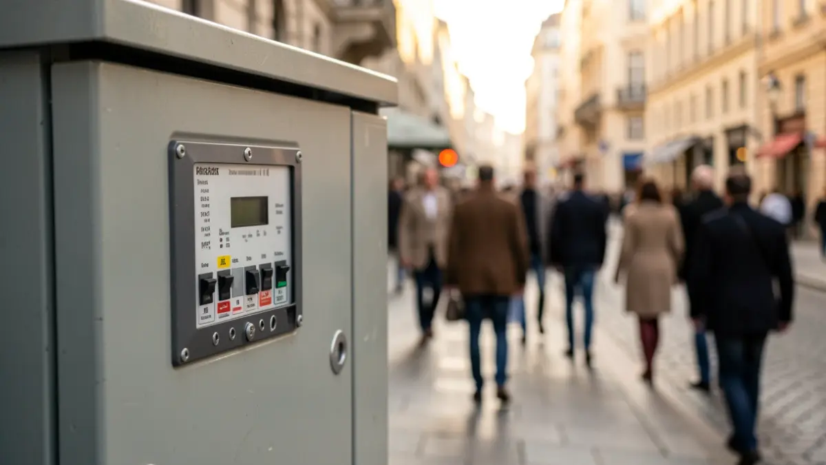 Generic image of an electrical transformer box in an urban setting.