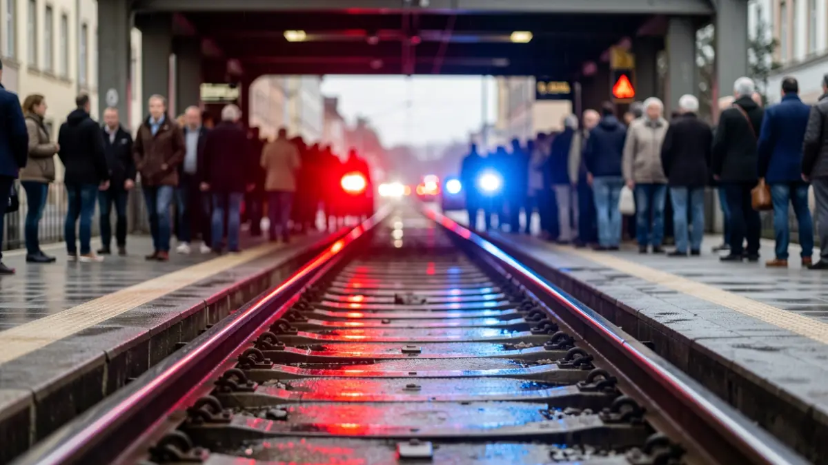Imagen genérica de vías de tren con luces de emergencia y pavimento mojado.