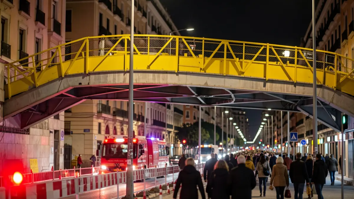 Imagen genérica de obras en una pasarela peatonal nocturna en Madrid.