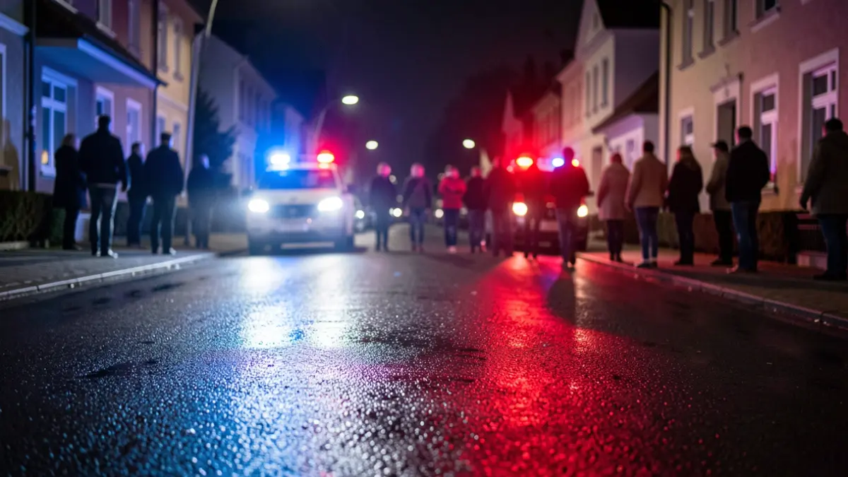 Generic image of blue and red emergency lights reflecting on wet asphalt at night.