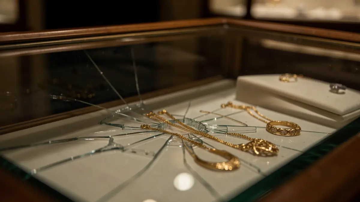 Close-up of a broken display case with gold necklaces scattered in a Madrid jewelry store.