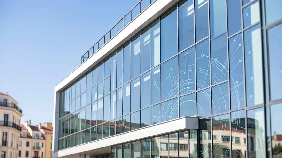 Facade of a modern office building in Madrid with digital reflections.