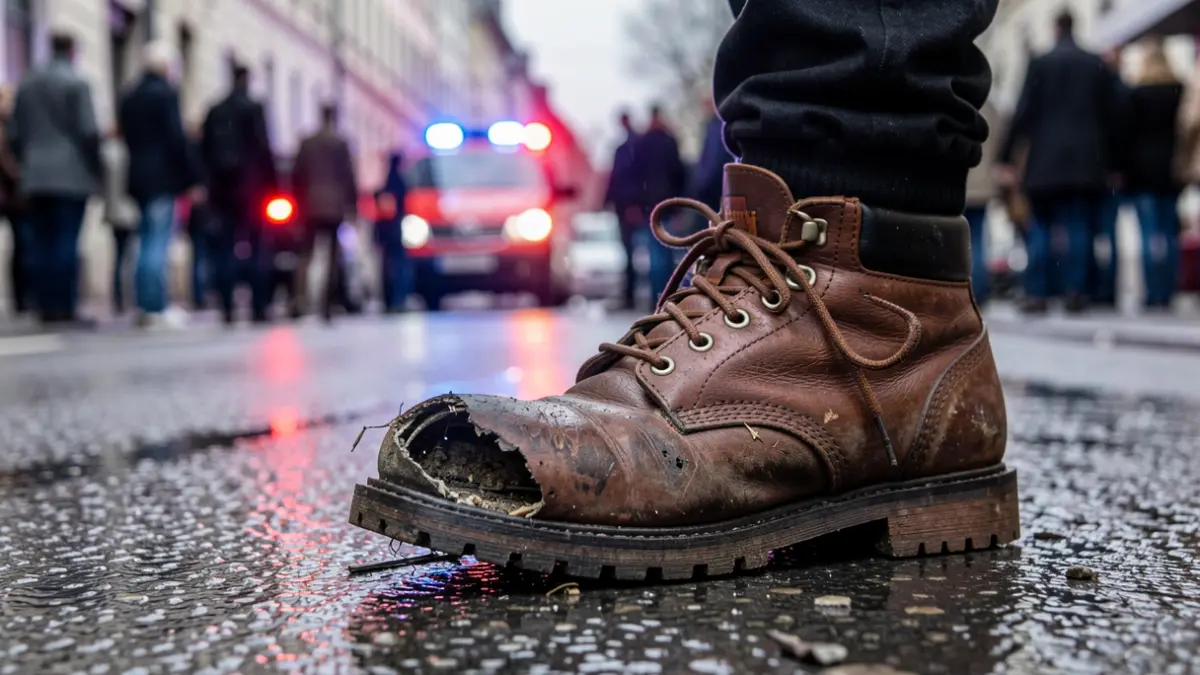 Close-up of a damaged worker's boot on wet asphalt, with blurred red and blue emergency lights in the background.