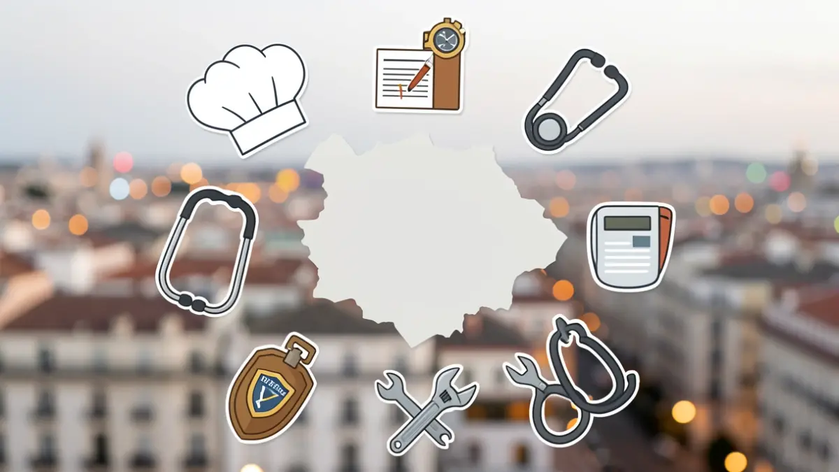 Collage de iconos profesionales y mapa del norte de Madrid.