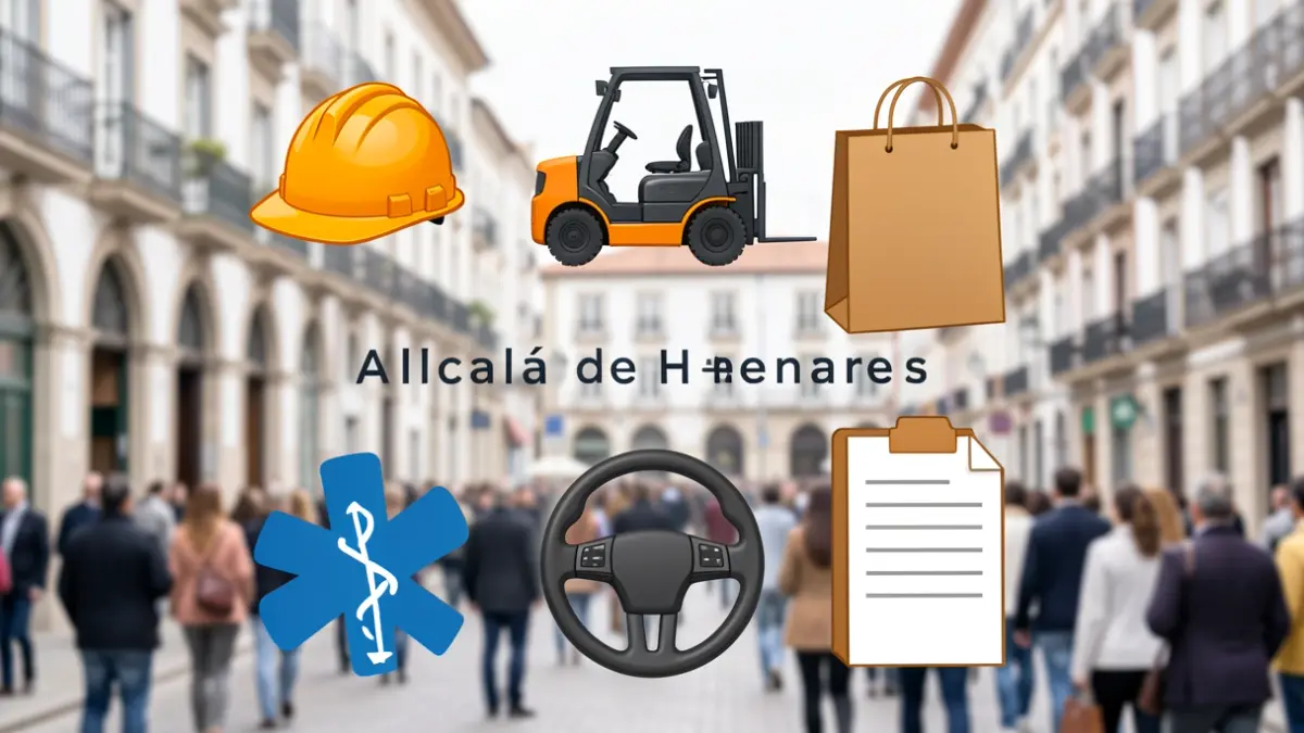 Collage of job symbols in Alcalá de Henares: hard hat, forklift, shopping bag, medical cross, steering wheel, and folder.