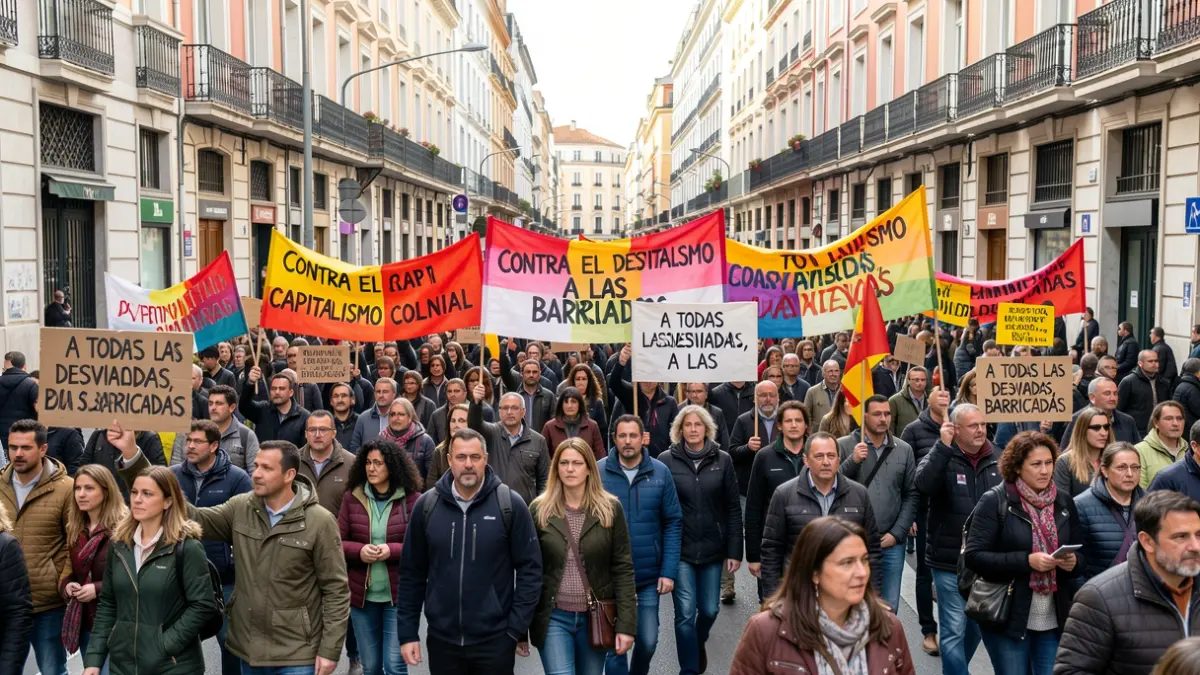 Critical Pride protesters marching through the streets of Madrid with protest signs.
