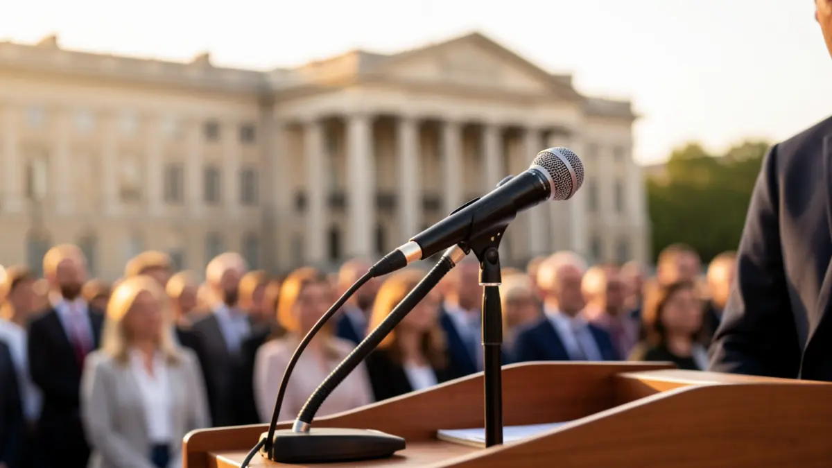 Generic image of a microphone on a podium, symbolizing political debate.